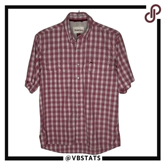 Simms Maroon and White Plaid White Pearl Button Snap SS Fishing Top Size Small - Picture 1 of 8